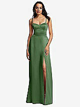 Front View Thumbnail - Vineyard Green Bustier A-Line Maxi Dress with Adjustable Spaghetti Straps