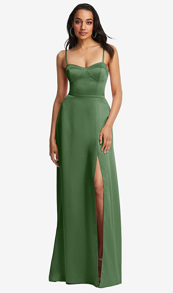 Front View - Vineyard Green Bustier A-Line Maxi Dress with Adjustable Spaghetti Straps