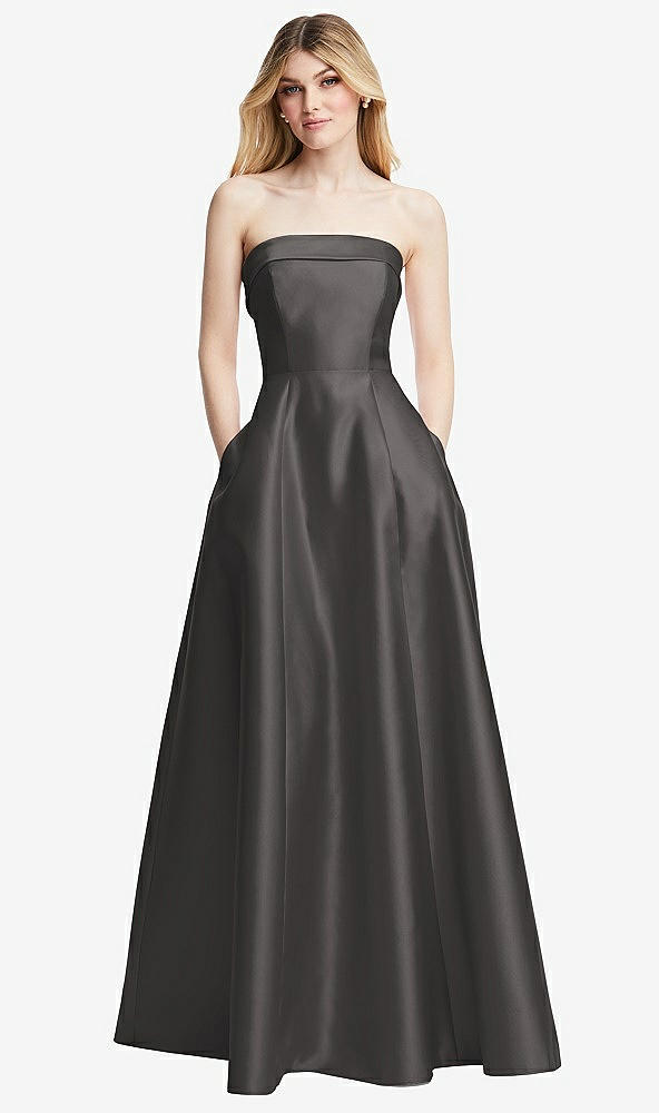 Front View - Caviar Gray Strapless Bias Cuff Bodice Satin Gown with Pockets