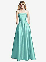 Front View Thumbnail - Coastal Strapless Bias Cuff Bodice Satin Gown with Pockets