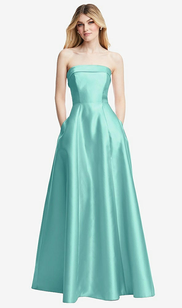 Front View - Coastal Strapless Bias Cuff Bodice Satin Gown with Pockets