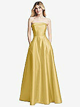 Front View Thumbnail - Maize Strapless Bias Cuff Bodice Satin Gown with Pockets
