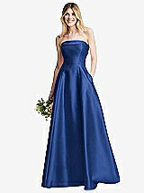 Alt View 1 Thumbnail - Classic Blue Strapless Bias Cuff Bodice Satin Gown with Pockets