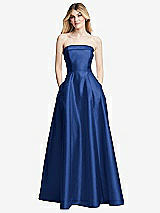 Front View Thumbnail - Classic Blue Strapless Bias Cuff Bodice Satin Gown with Pockets