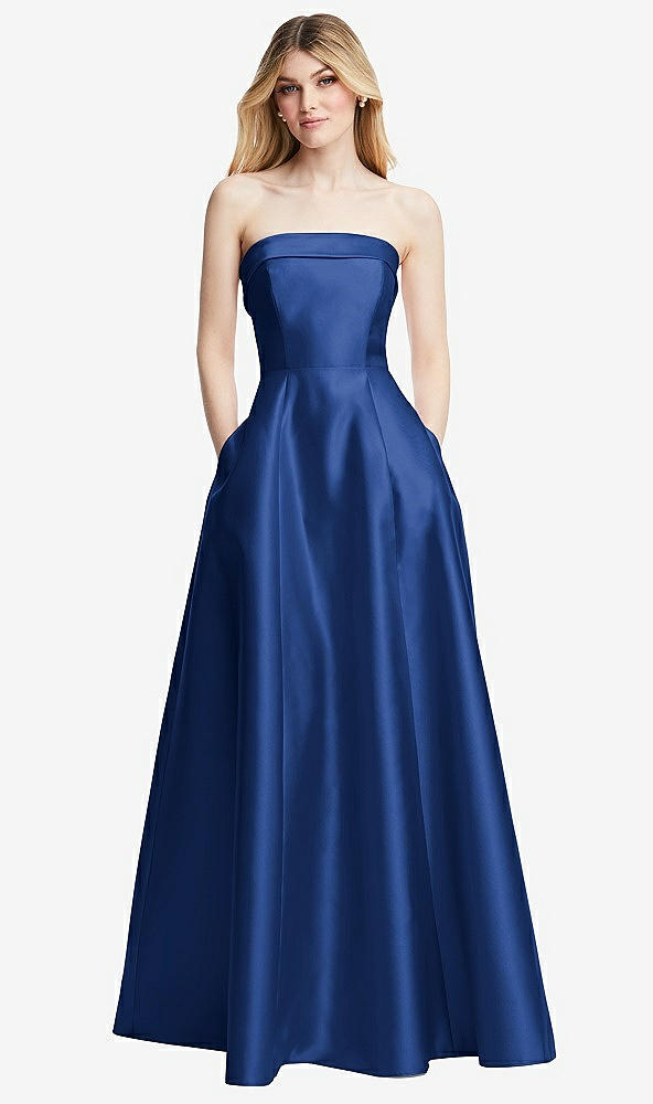 Front View - Classic Blue Strapless Bias Cuff Bodice Satin Gown with Pockets