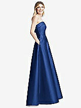 Side View Thumbnail - Classic Blue Strapless Bias Cuff Bodice Satin Gown with Pockets