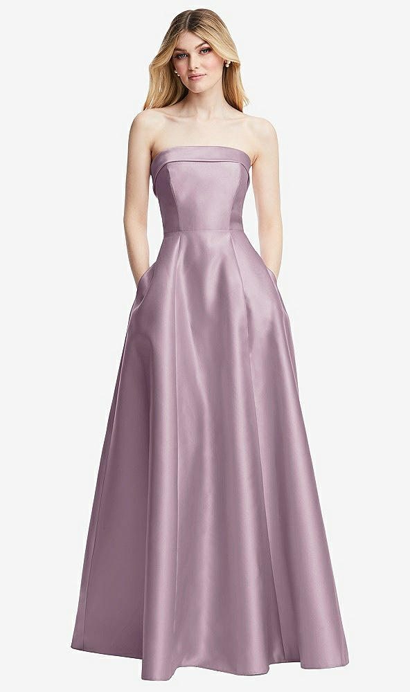 Front View - Suede Rose Strapless Bias Cuff Bodice Satin Gown with Pockets