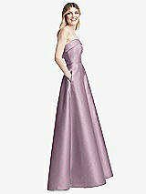 Side View Thumbnail - Suede Rose Strapless Bias Cuff Bodice Satin Gown with Pockets