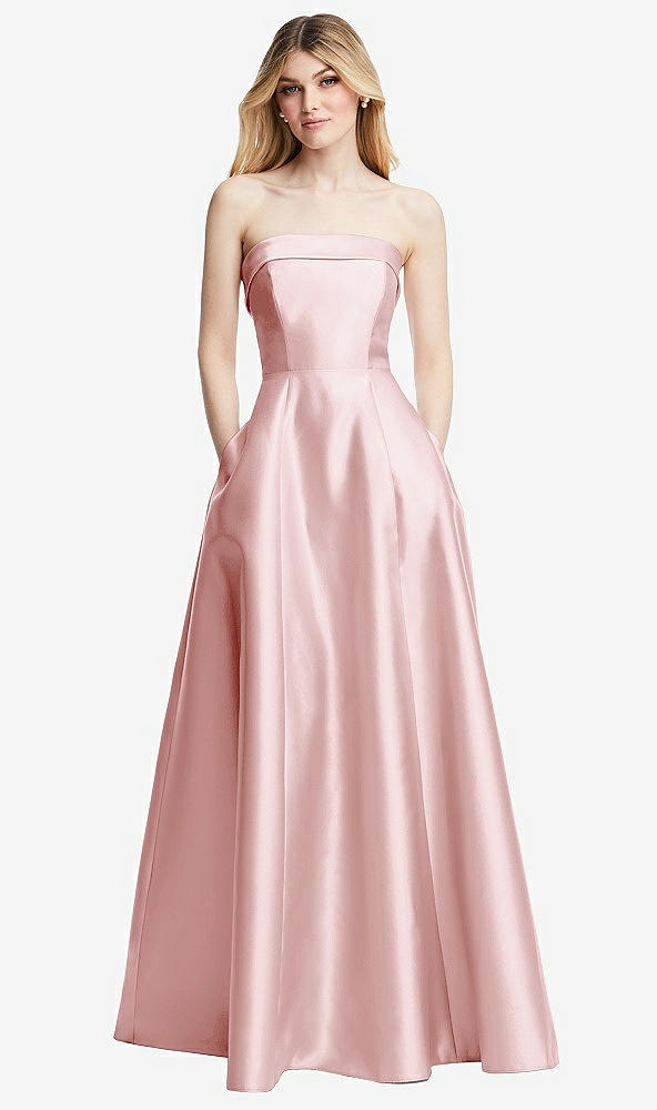 Front View - Ballet Pink Strapless Bias Cuff Bodice Satin Gown with Pockets