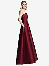 Side View Thumbnail - Burgundy Strapless Bias Cuff Bodice Satin Gown with Pockets