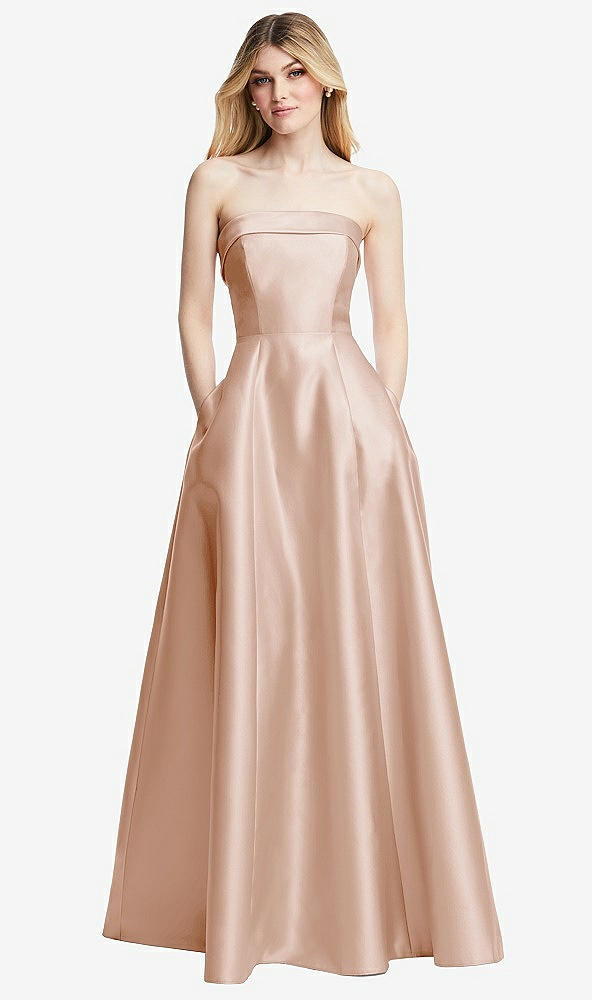 Front View - Cameo Strapless Bias Cuff Bodice Satin Gown with Pockets
