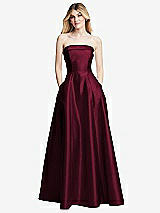 Front View Thumbnail - Cabernet Strapless Bias Cuff Bodice Satin Gown with Pockets