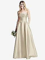 Alt View 1 Thumbnail - Champagne Strapless Bias Cuff Bodice Satin Gown with Pockets