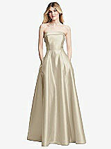 Front View Thumbnail - Champagne Strapless Bias Cuff Bodice Satin Gown with Pockets