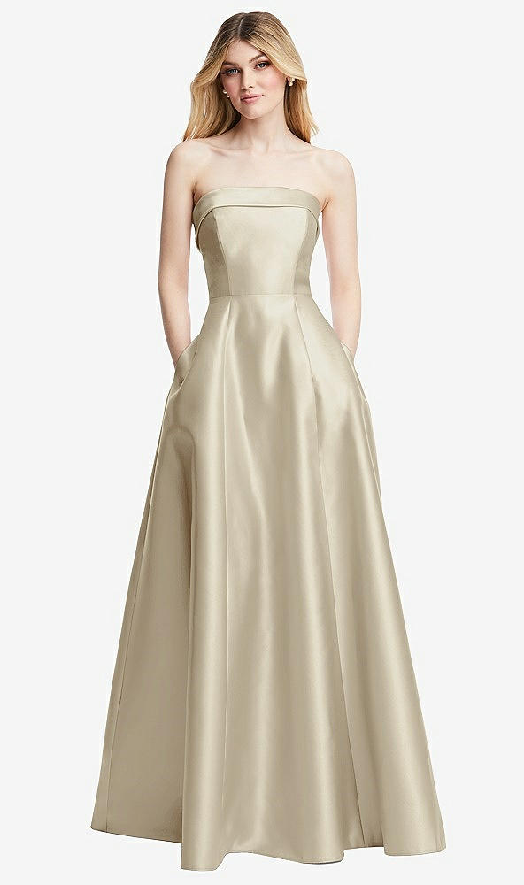 Front View - Champagne Strapless Bias Cuff Bodice Satin Gown with Pockets