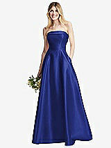 Alt View 1 Thumbnail - Cobalt Blue Strapless Bias Cuff Bodice Satin Gown with Pockets
