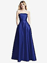 Front View Thumbnail - Cobalt Blue Strapless Bias Cuff Bodice Satin Gown with Pockets