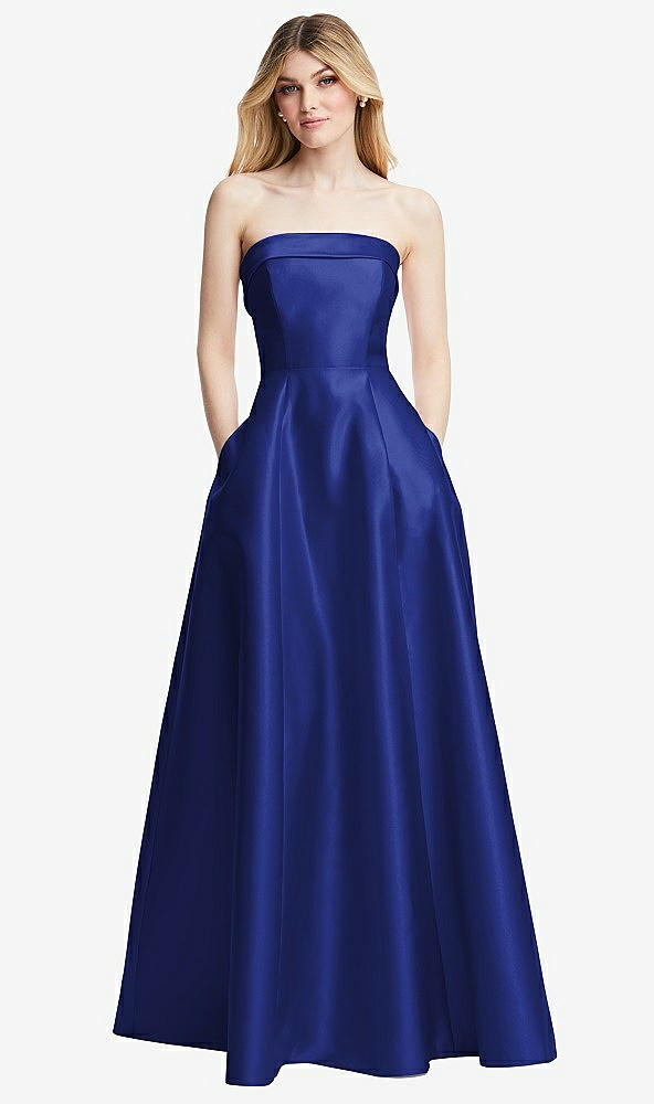 Front View - Cobalt Blue Strapless Bias Cuff Bodice Satin Gown with Pockets