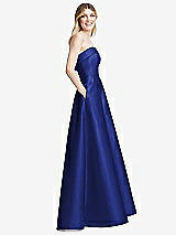 Side View Thumbnail - Cobalt Blue Strapless Bias Cuff Bodice Satin Gown with Pockets