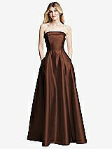 Front View Thumbnail - Cognac Strapless Bias Cuff Bodice Satin Gown with Pockets