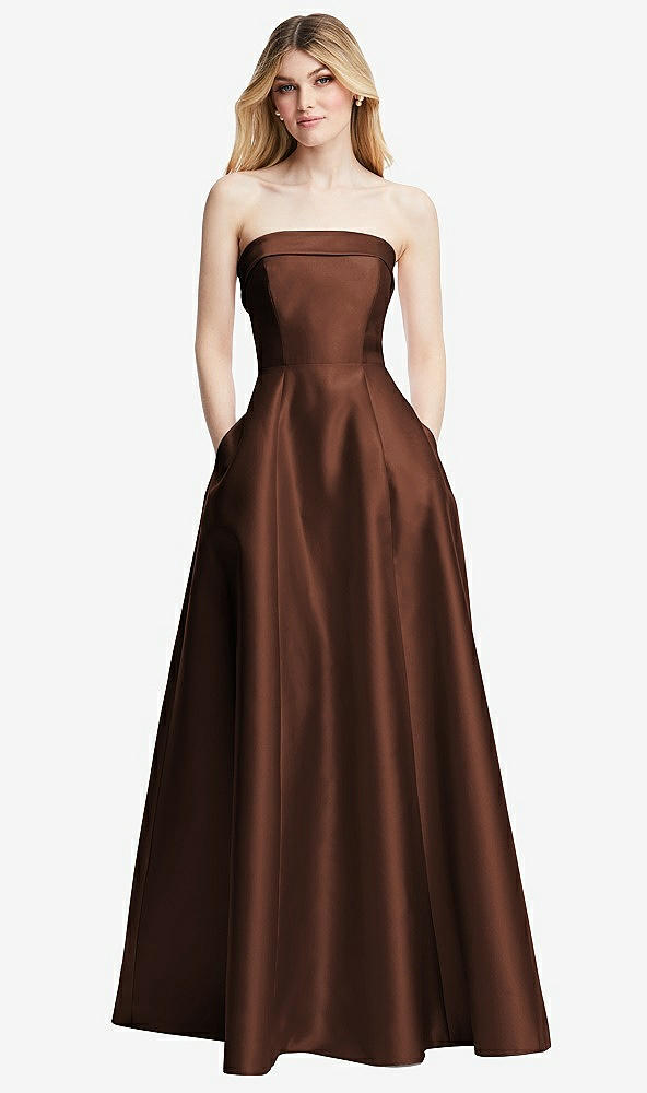 Front View - Cognac Strapless Bias Cuff Bodice Satin Gown with Pockets