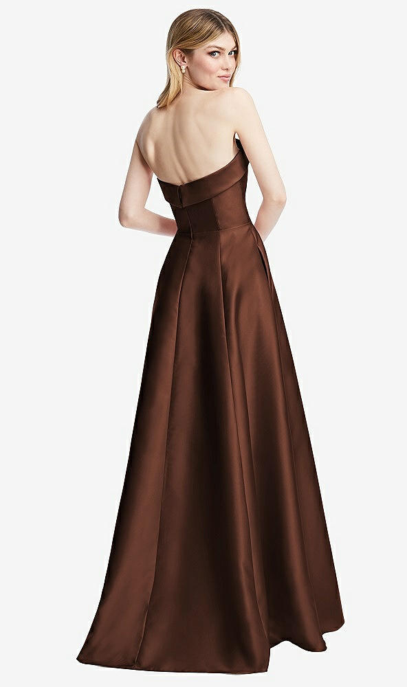 Back View - Cognac Strapless Bias Cuff Bodice Satin Gown with Pockets