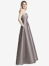 Side View Thumbnail - Cashmere Gray Strapless Bias Cuff Bodice Satin Gown with Pockets
