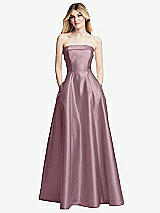 Front View Thumbnail - Dusty Rose Strapless Bias Cuff Bodice Satin Gown with Pockets
