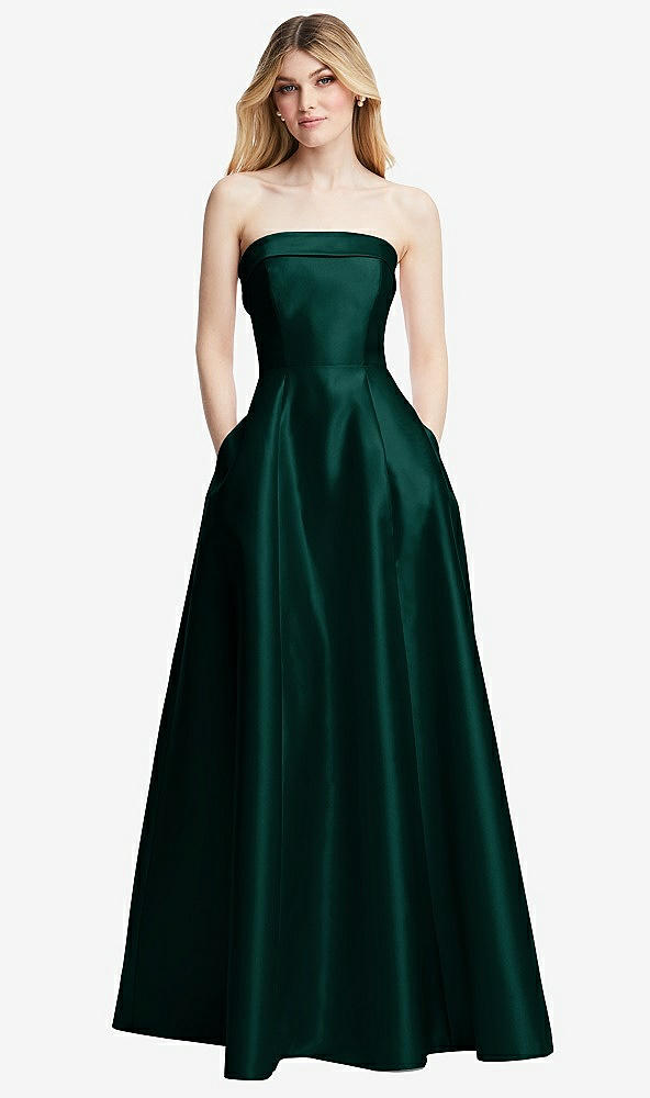 Front View - Evergreen Strapless Bias Cuff Bodice Satin Gown with Pockets