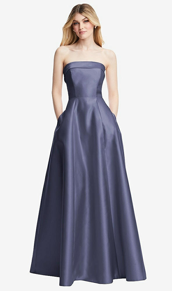 Front View - French Blue Strapless Bias Cuff Bodice Satin Gown with Pockets