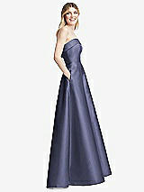 Side View Thumbnail - French Blue Strapless Bias Cuff Bodice Satin Gown with Pockets