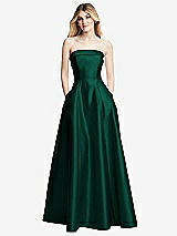 Front View Thumbnail - Hunter Green Strapless Bias Cuff Bodice Satin Gown with Pockets