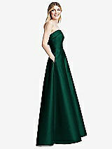 Side View Thumbnail - Hunter Green Strapless Bias Cuff Bodice Satin Gown with Pockets
