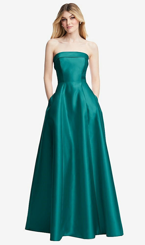 Front View - Jade Strapless Bias Cuff Bodice Satin Gown with Pockets