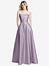 Front View Thumbnail - Lilac Haze Strapless Bias Cuff Bodice Satin Gown with Pockets