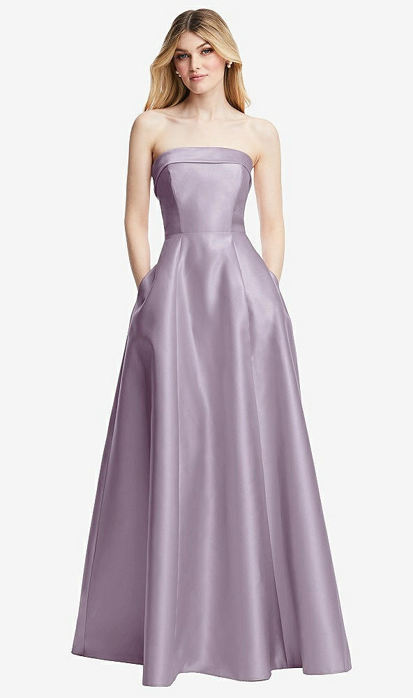 Front View - Lilac Haze Strapless Bias Cuff Bodice Satin Gown with Pockets