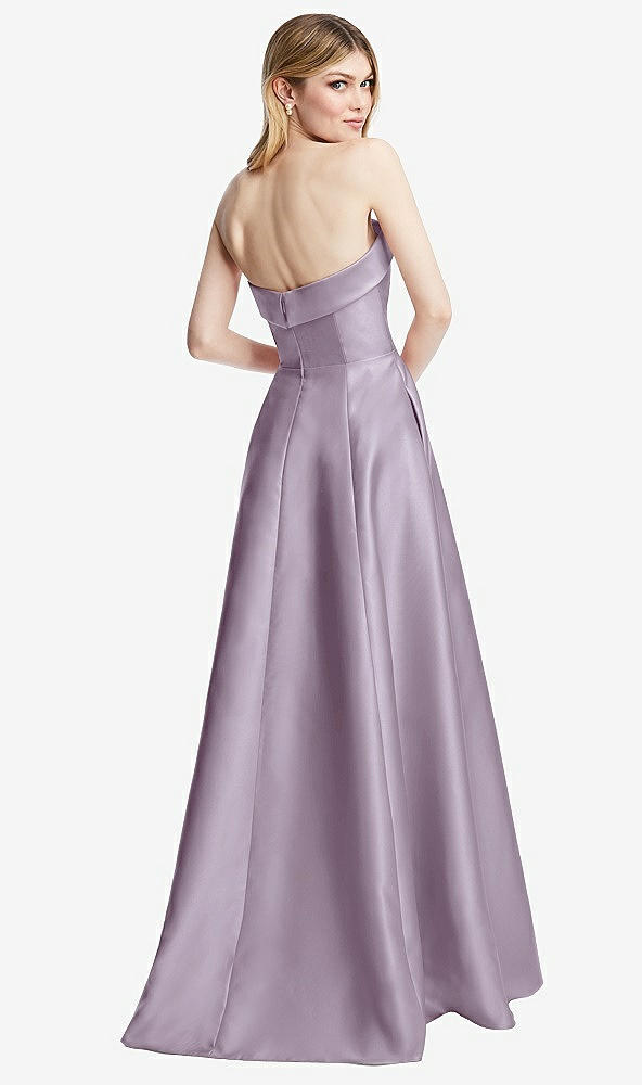 Back View - Lilac Haze Strapless Bias Cuff Bodice Satin Gown with Pockets