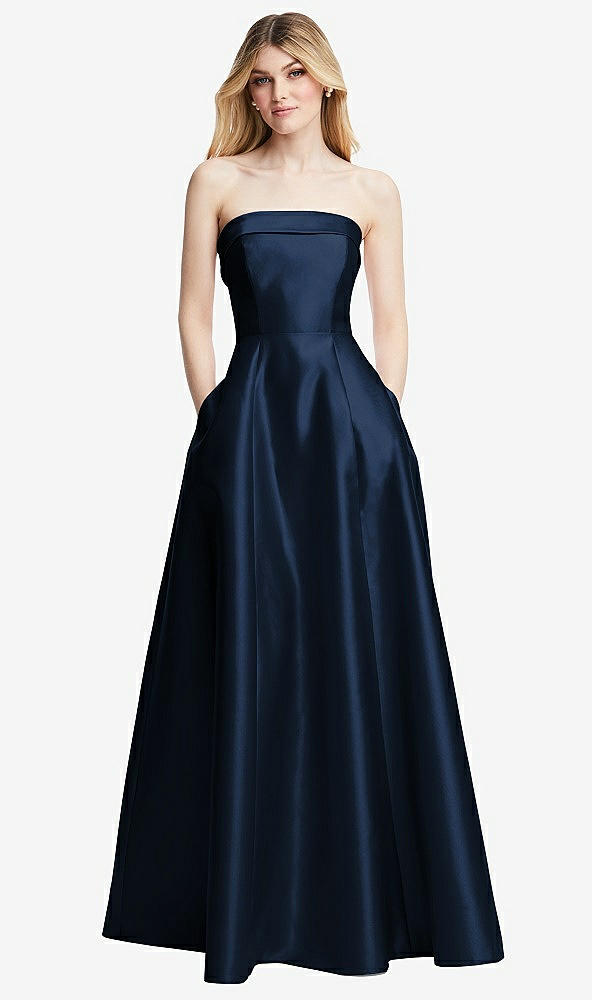 Front View - Midnight Navy Strapless Bias Cuff Bodice Satin Gown with Pockets