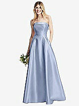 Alt View 1 Thumbnail - Sky Blue Strapless Bias Cuff Bodice Satin Gown with Pockets