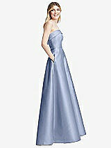 Side View Thumbnail - Sky Blue Strapless Bias Cuff Bodice Satin Gown with Pockets