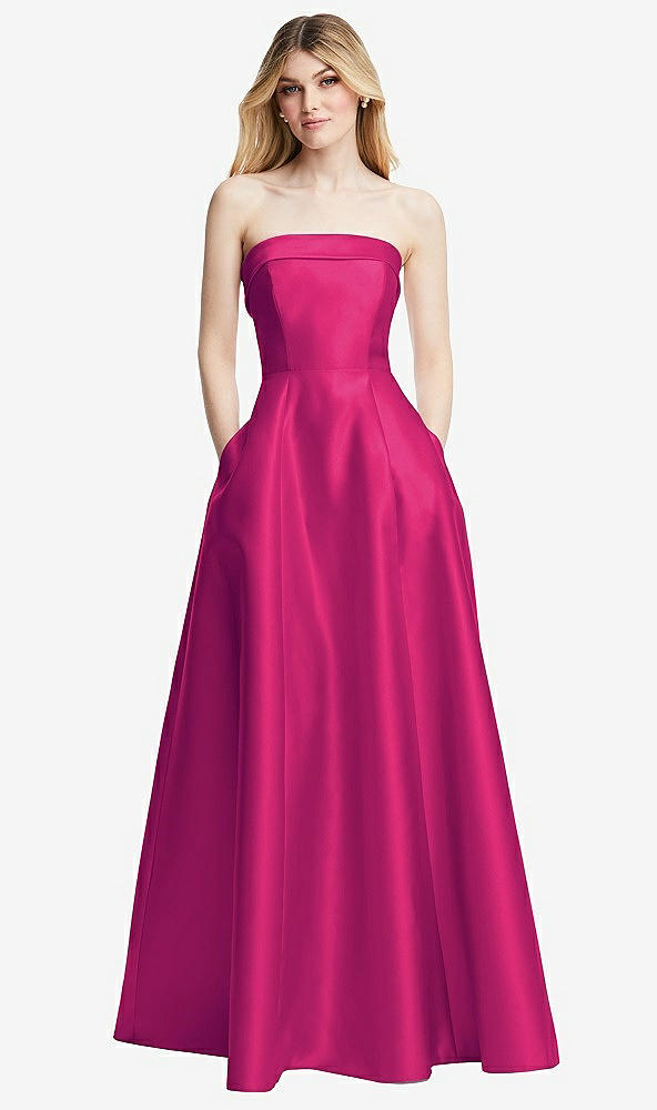 Front View - Think Pink Strapless Bias Cuff Bodice Satin Gown with Pockets