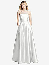Front View Thumbnail - White Strapless Bias Cuff Bodice Satin Gown with Pockets