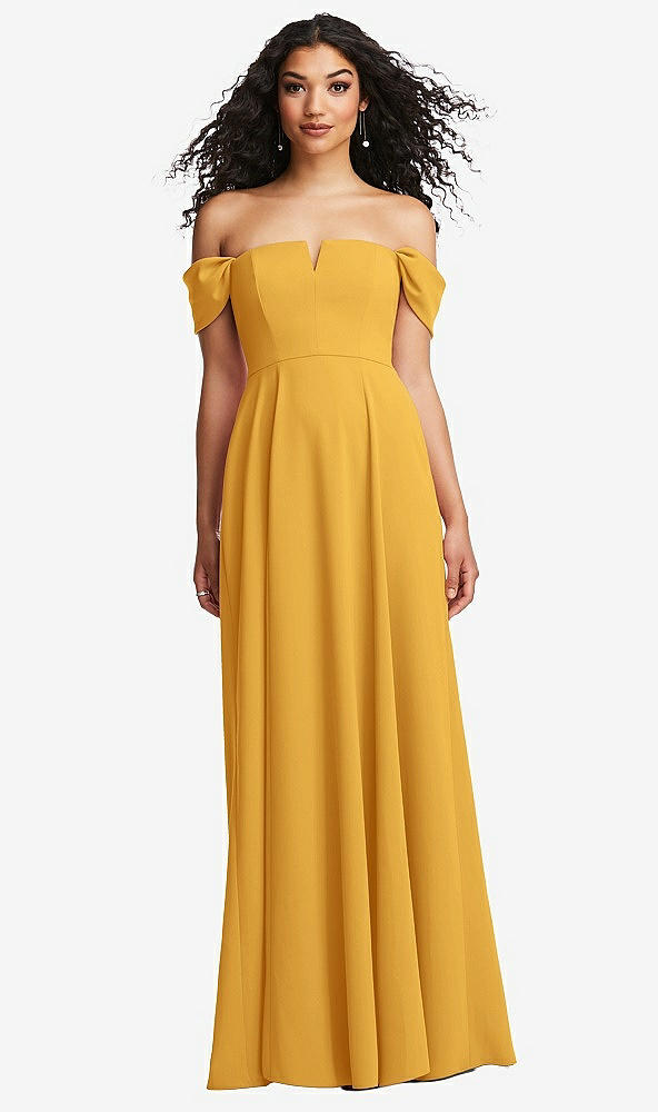 Front View - NYC Yellow Off-the-Shoulder Pleated Cap Sleeve A-line Maxi Dress