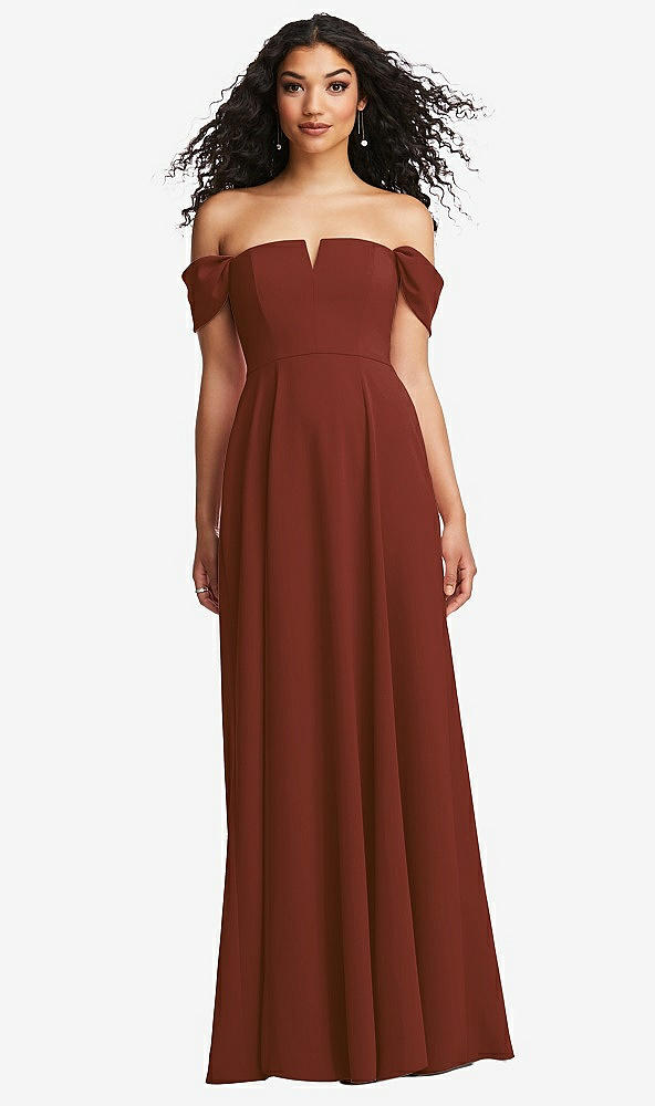 Front View - Auburn Moon Off-the-Shoulder Pleated Cap Sleeve A-line Maxi Dress