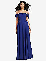 Front View Thumbnail - Cobalt Blue Off-the-Shoulder Pleated Cap Sleeve A-line Maxi Dress
