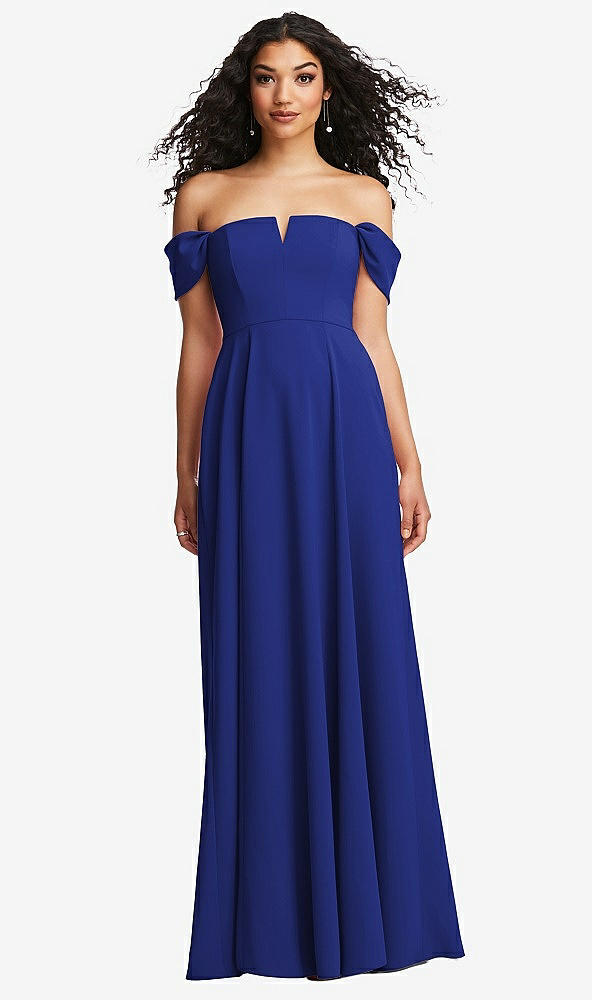 Front View - Cobalt Blue Off-the-Shoulder Pleated Cap Sleeve A-line Maxi Dress
