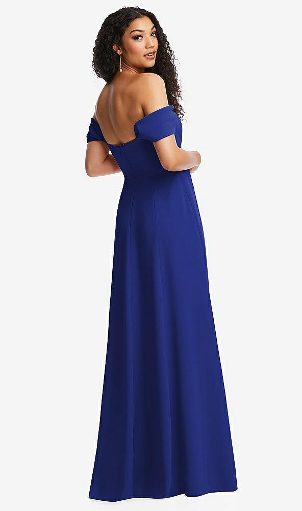 Back View - Cobalt Blue Off-the-Shoulder Pleated Cap Sleeve A-line Maxi Dress