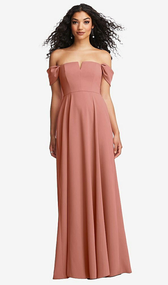 Front View - Desert Rose Off-the-Shoulder Pleated Cap Sleeve A-line Maxi Dress