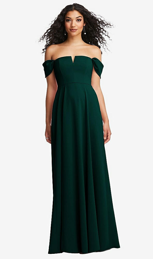 Front View - Evergreen Off-the-Shoulder Pleated Cap Sleeve A-line Maxi Dress