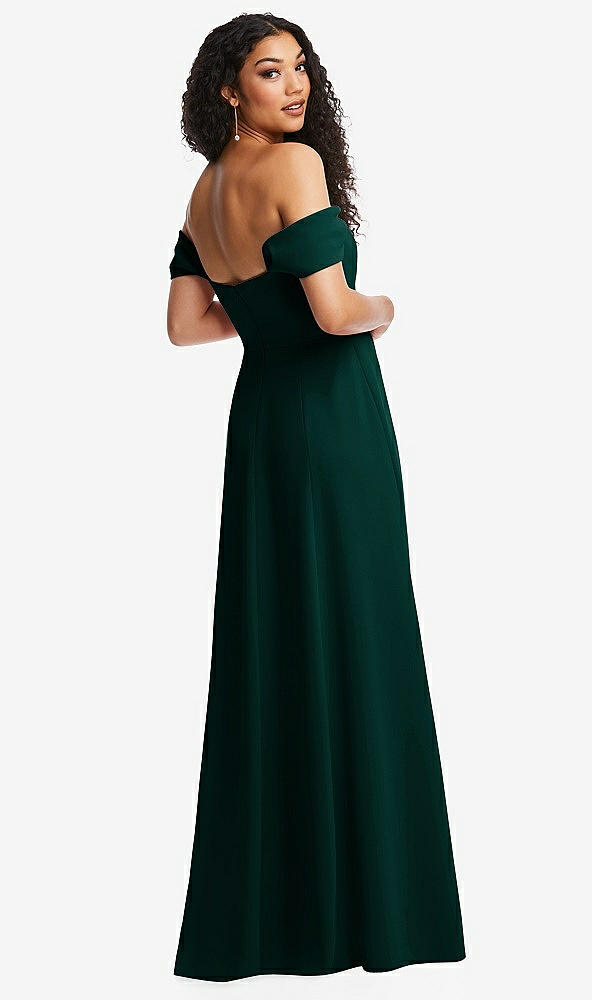 Back View - Evergreen Off-the-Shoulder Pleated Cap Sleeve A-line Maxi Dress